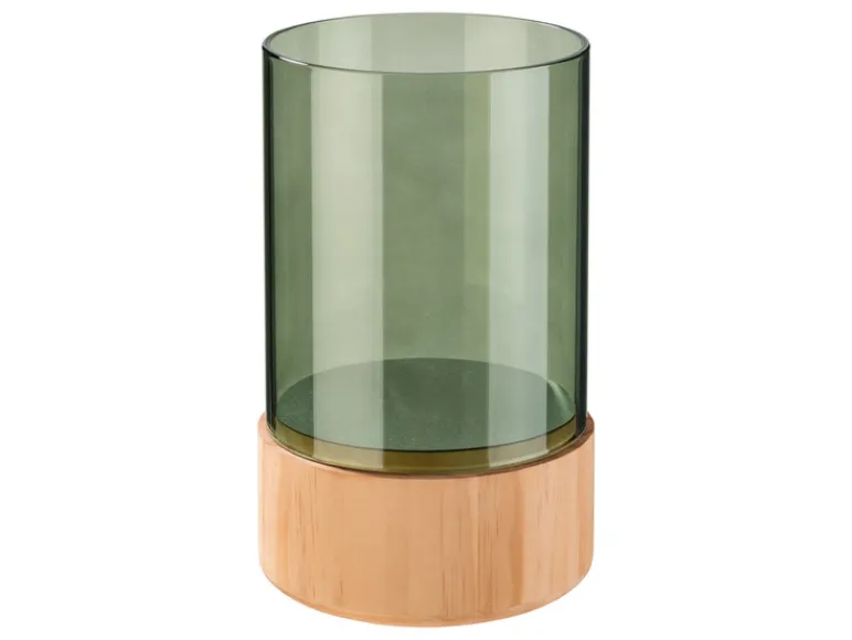 Glazen windlicht met houten voet<LIVARNO home